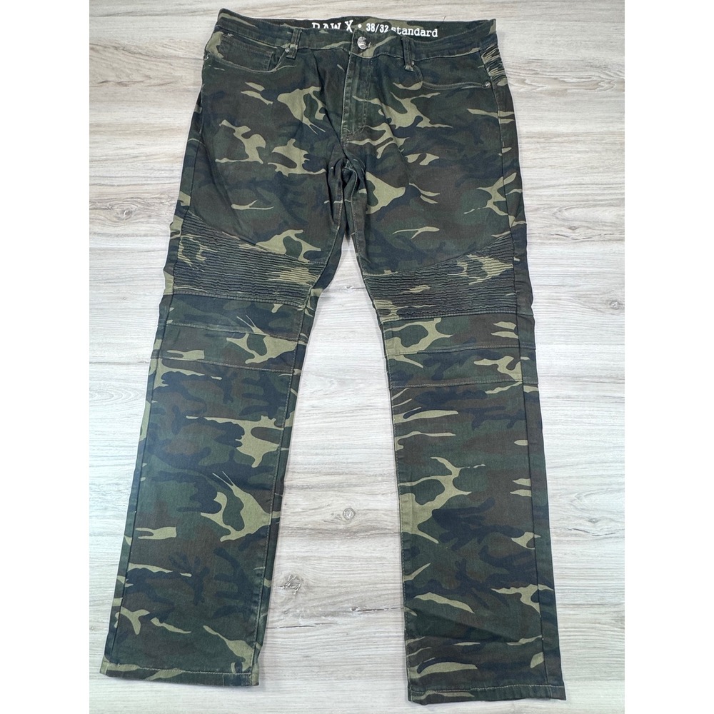 Raw X Mens 38x32 Standard Moto Camo Pants Green Woodland Ribbed Knee Streetwear‎